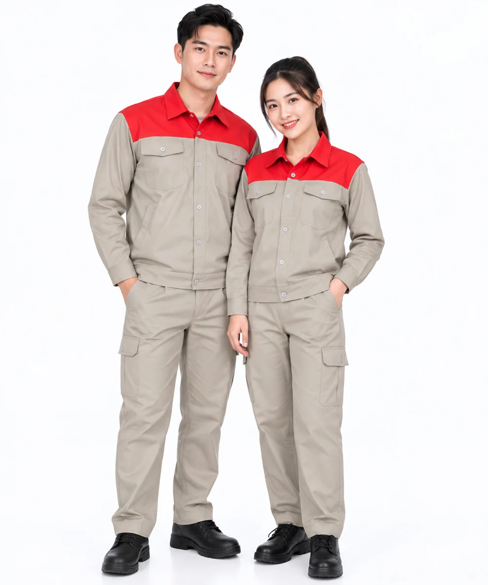 Đồng phục bảo hộ may sẵn màu be phối đỏ