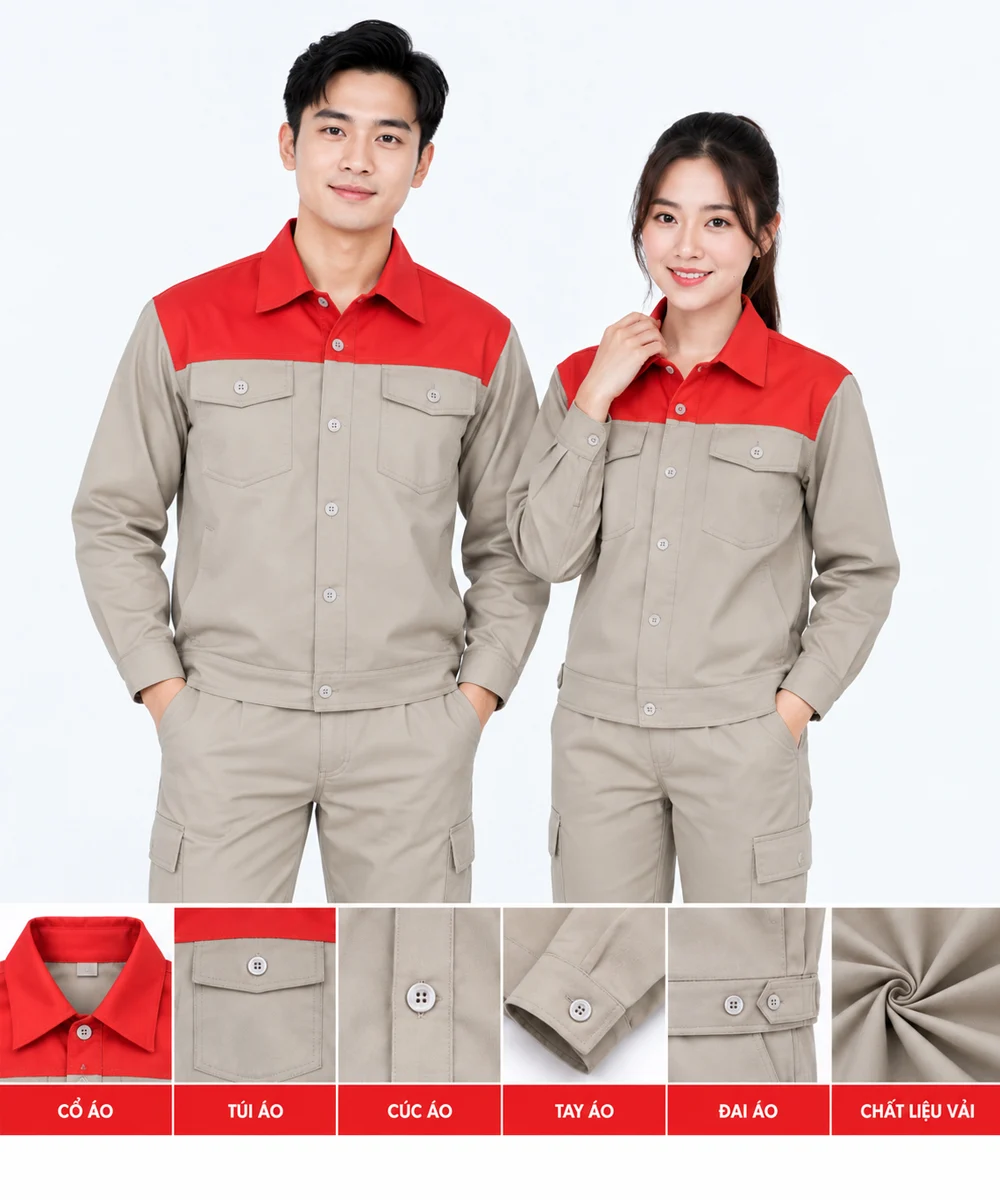 Đồng phục bảo hộ may sẵn màu be phối đỏ