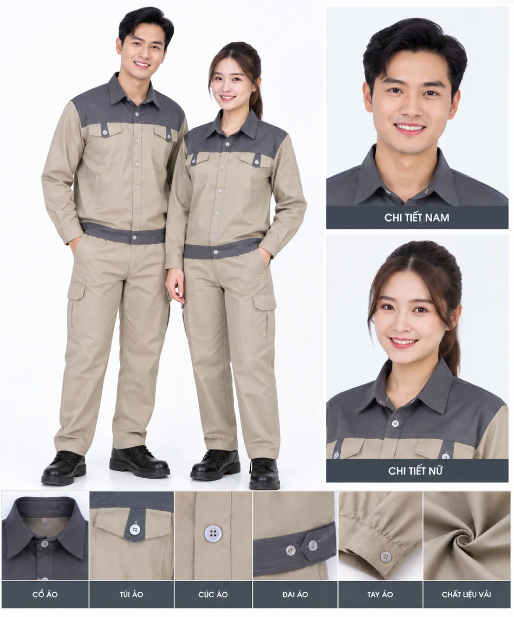 Đồng phục bảo hộ may sẵn màu be phối xám