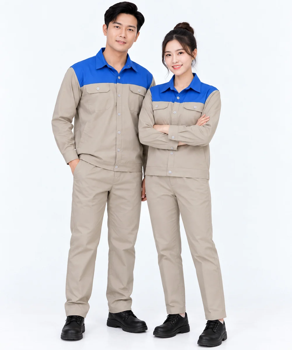 Đồng phục bảo hộ may sẵn màu be phối xanh dương