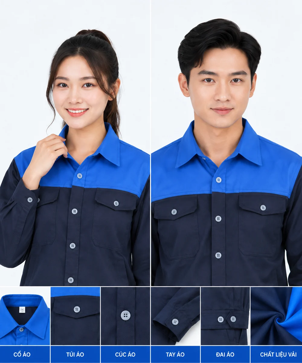 Đồng phục bảo hộ may sẵn màu xanh đen phối xanh dương