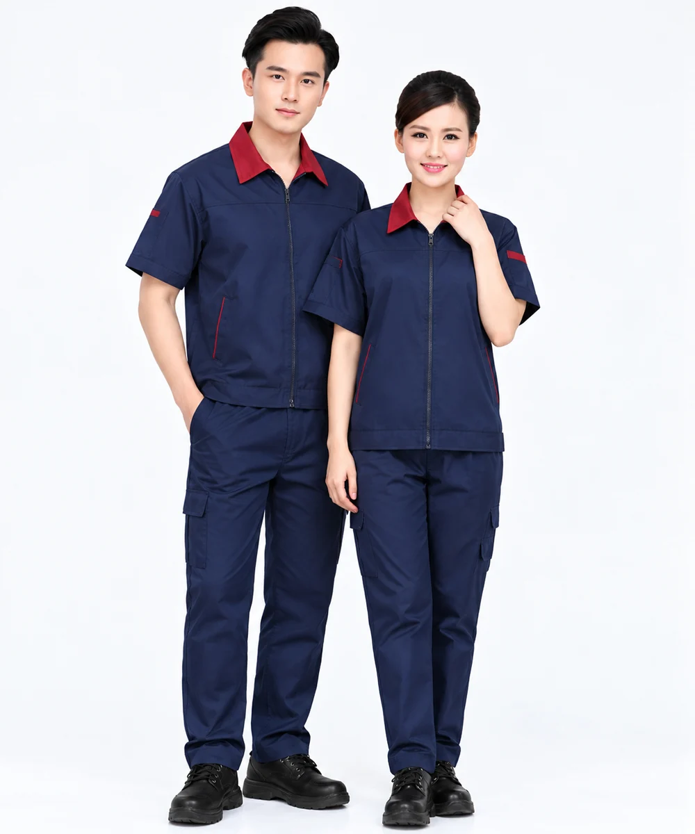 Đồng phục bảo hộ ngắn tay màu xanh đen phối đỏ