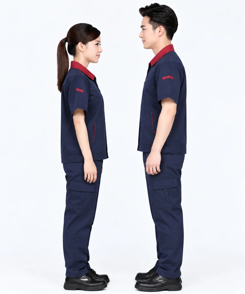 Đồng phục bảo hộ ngắn tay màu xanh đen phối đỏ