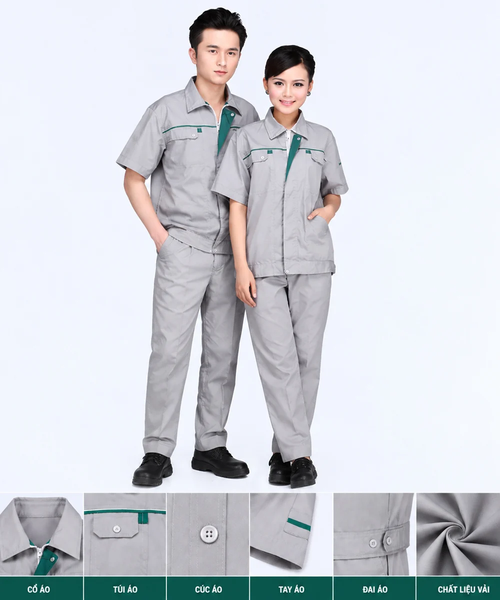 Đồng phục công nhân ghi xám phối xanh lá