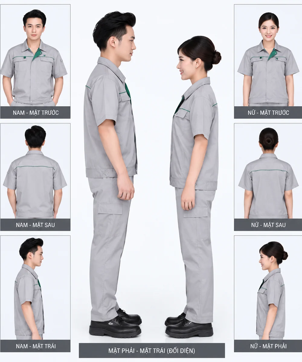 Đồng phục công nhân ghi xám phối xanh lá