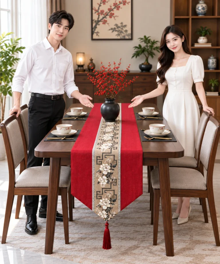 Khăn trải bàn Runner màu đỏ thêu hoa sang trọng