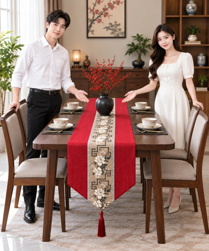 Khăn trải bàn Runner màu đỏ thêu hoa sang trọng