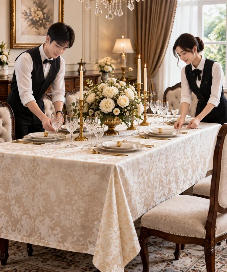 Khăn trải bàn phong cách cổ điển với vải damask ngà vàng