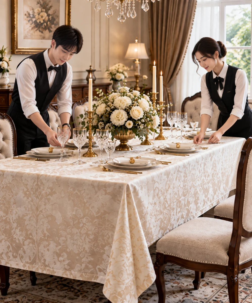 Khăn trải bàn phong cách cổ điển với vải damask ngà vàng