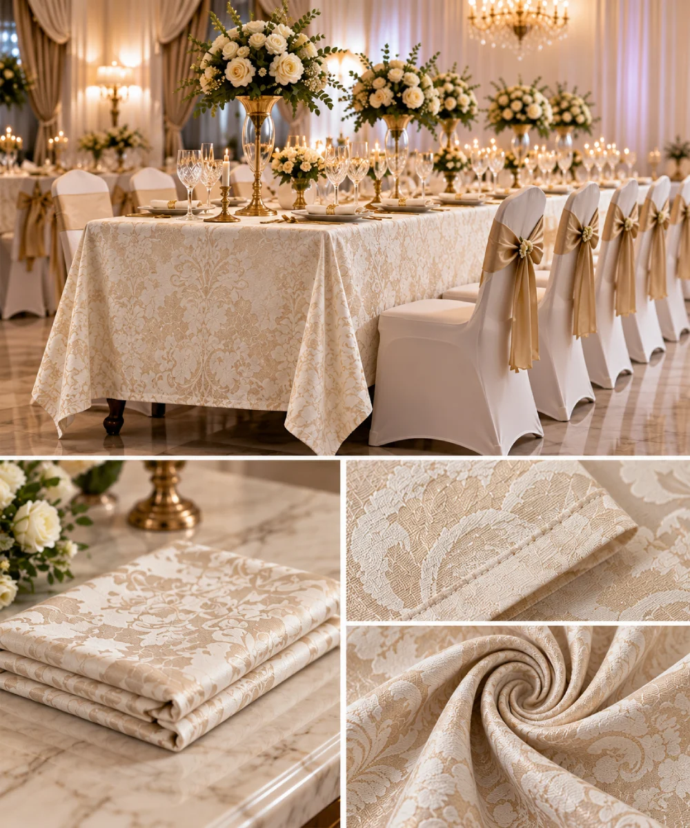 Khăn trải bàn phong cách cổ điển với vải damask ngà vàng