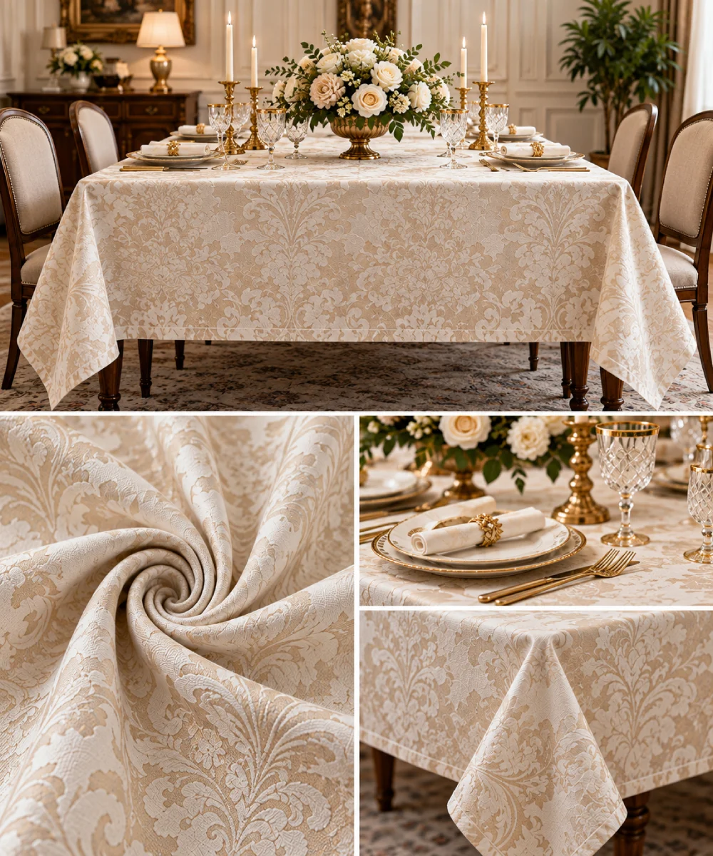 Khăn trải bàn phong cách cổ điển với vải damask ngà vàng