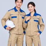 Quần áo bảo hộ lao động màu nâu vàng phối xanh dương
