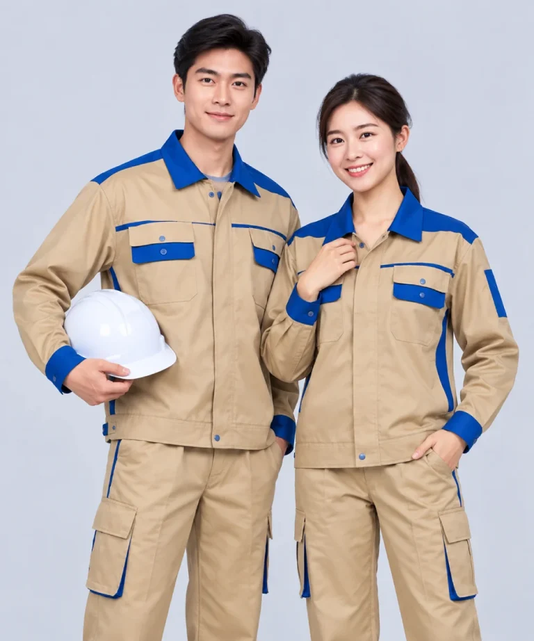Quần áo bảo hộ lao động màu nâu vàng phối xanh dương