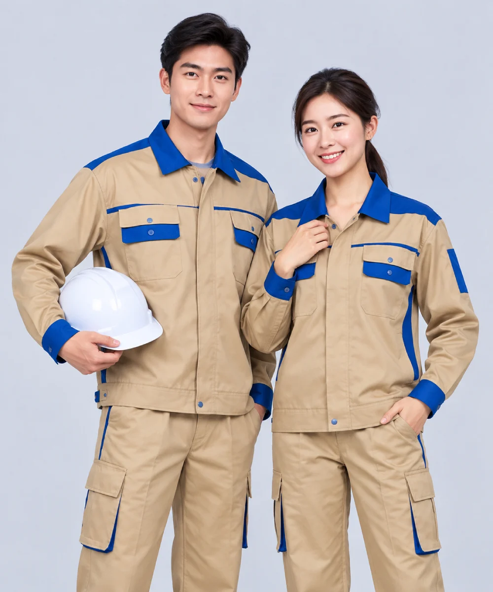 Quần áo bảo hộ lao động màu nâu vàng phối xanh dương