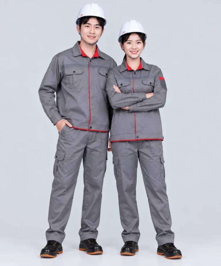 Quần áo bảo hộ lao động màu xám viền đỏ