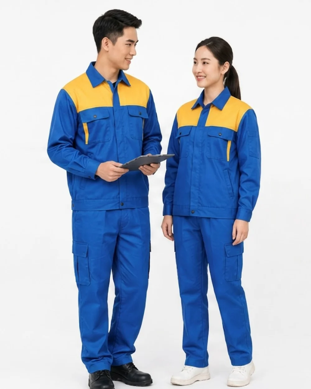 Quần áo bảo hộ lao động màu xanh dương phối cam