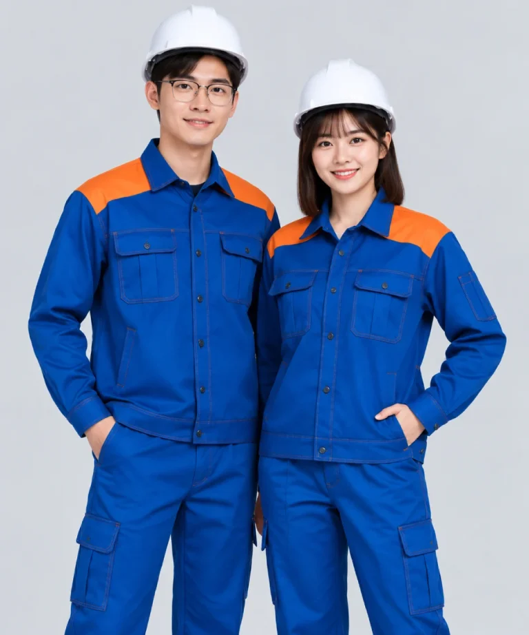 Quần áo bảo hộ lao động màu xanh dương phối vai cam