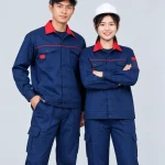 Quần áo bảo hộ lao động màu xanh navy phối cổ đỏ