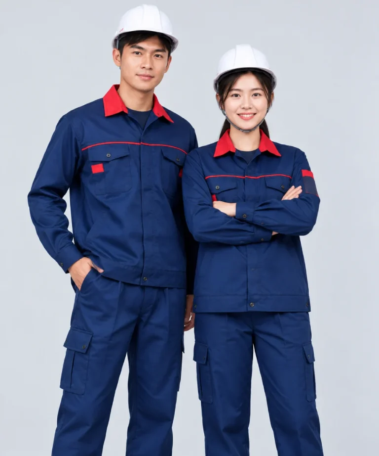 Quần áo bảo hộ lao động màu xanh navy phối cổ đỏ