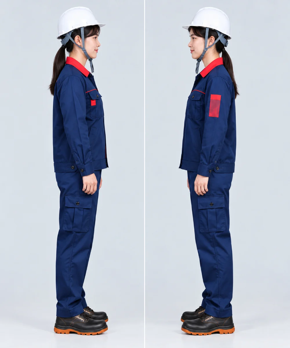 Quần áo bảo hộ lao động màu xanh navy phối cổ đỏ