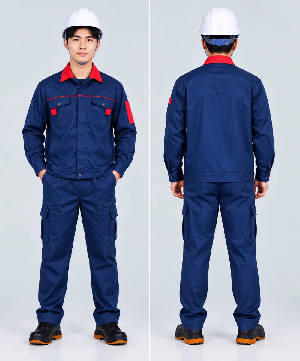 Quần áo bảo hộ lao động màu xanh navy phối cổ đỏ