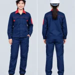 Quần áo bảo hộ lao động màu xanh navy phối cổ đỏ