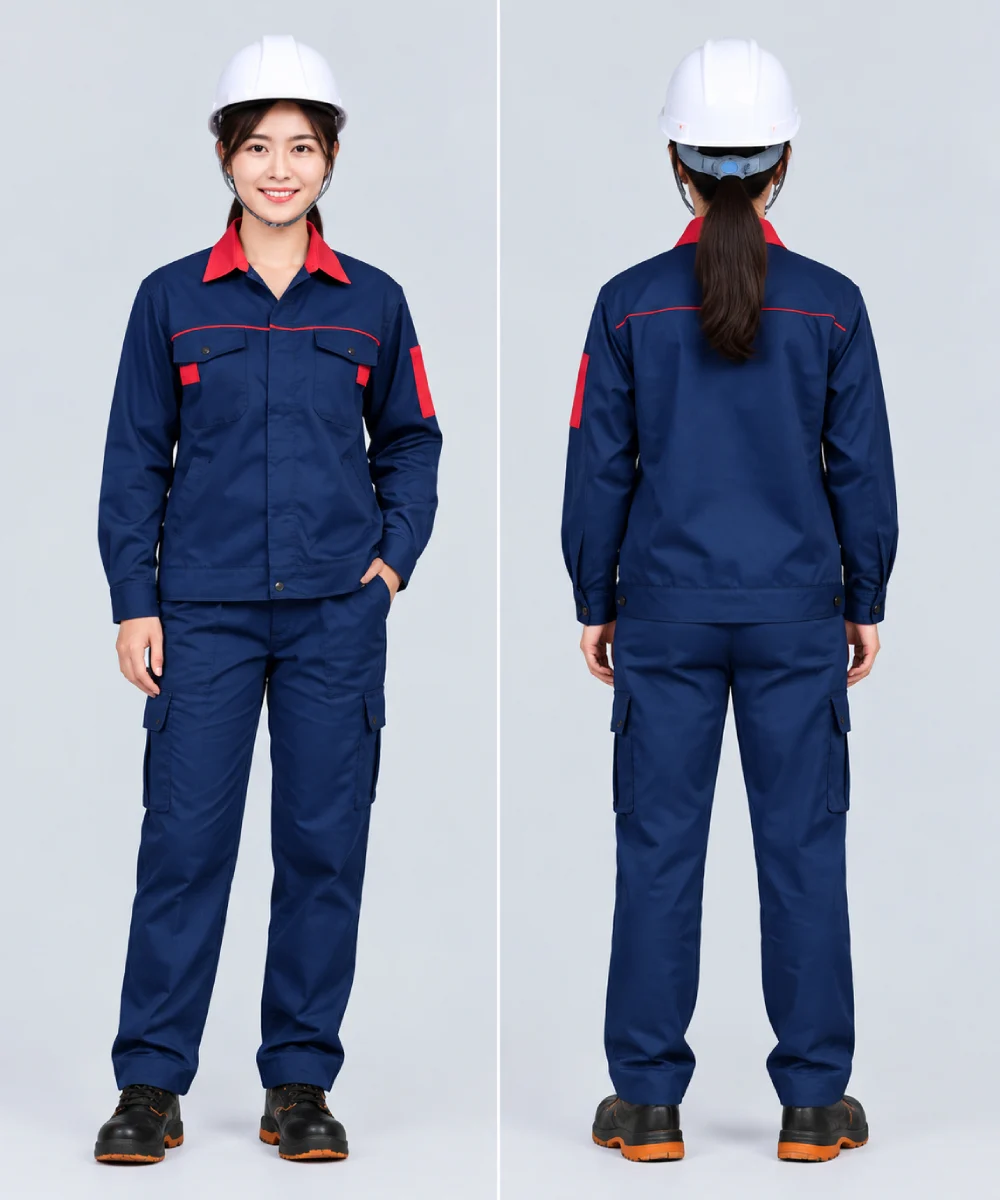 Quần áo bảo hộ lao động màu xanh navy phối cổ đỏ