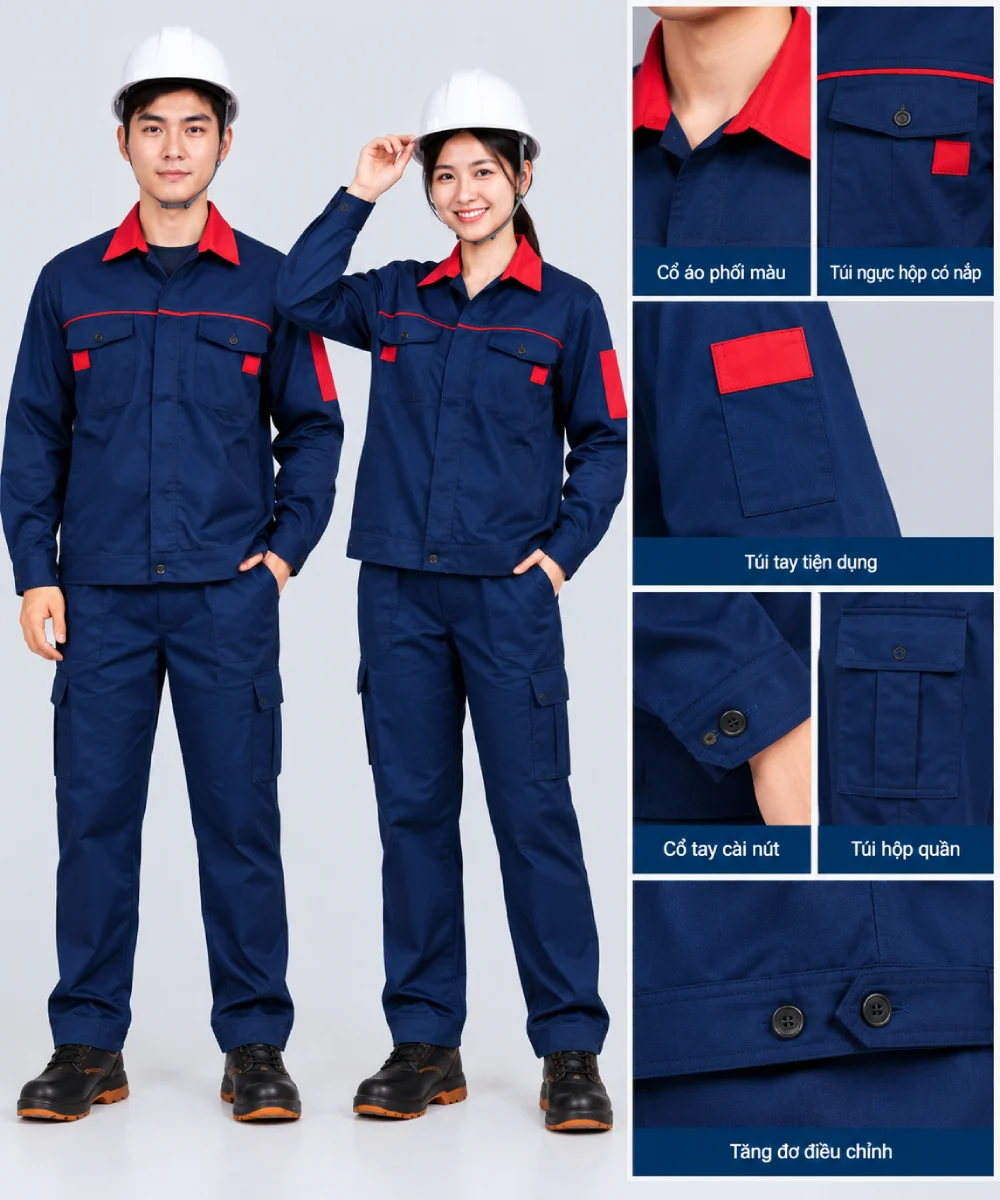 Quần áo bảo hộ lao động màu xanh navy phối cổ đỏ