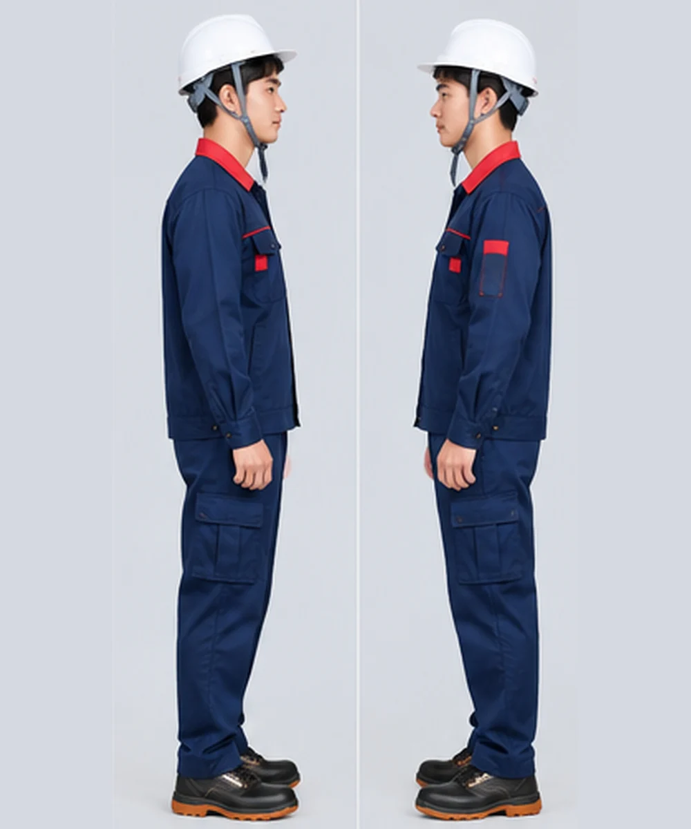 Quần áo bảo hộ lao động màu xanh navy phối cổ đỏ