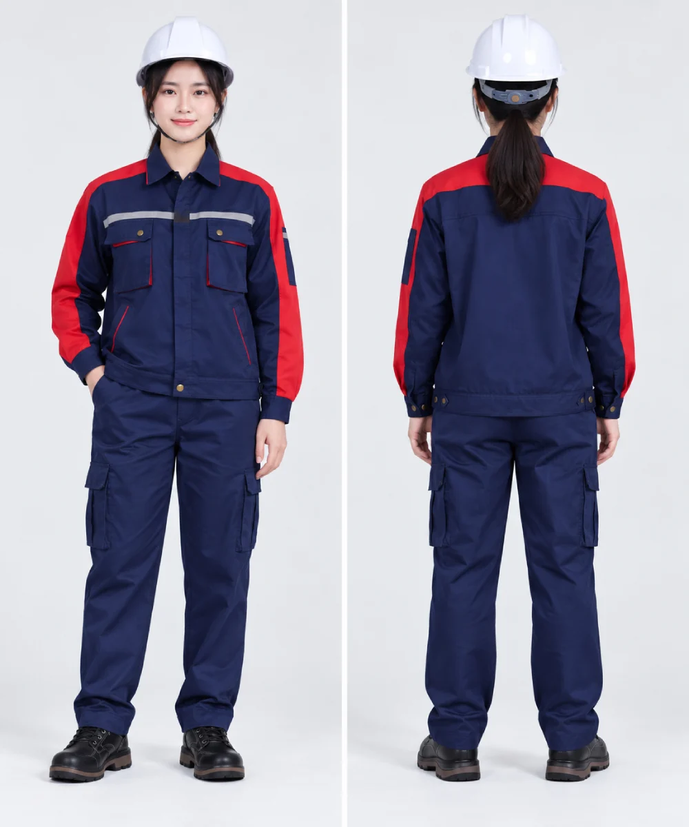 Quần áo bảo hộ lao động màu xanh navy phối đỏ