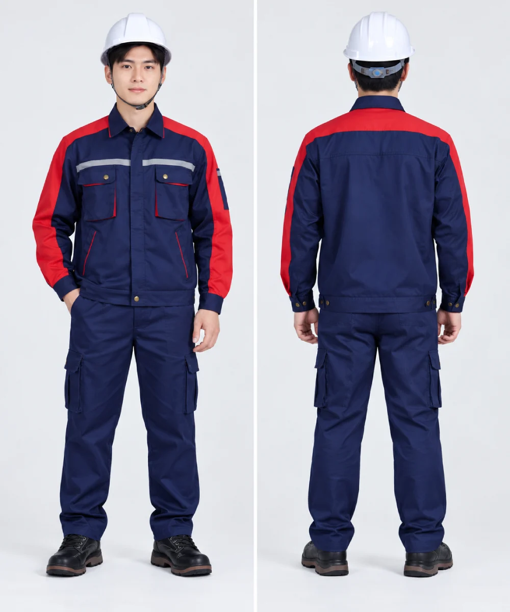 Quần áo bảo hộ lao động màu xanh navy phối đỏ