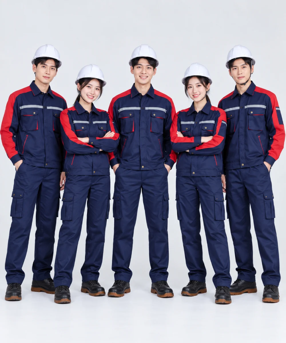Quần áo bảo hộ lao động màu xanh navy phối đỏ