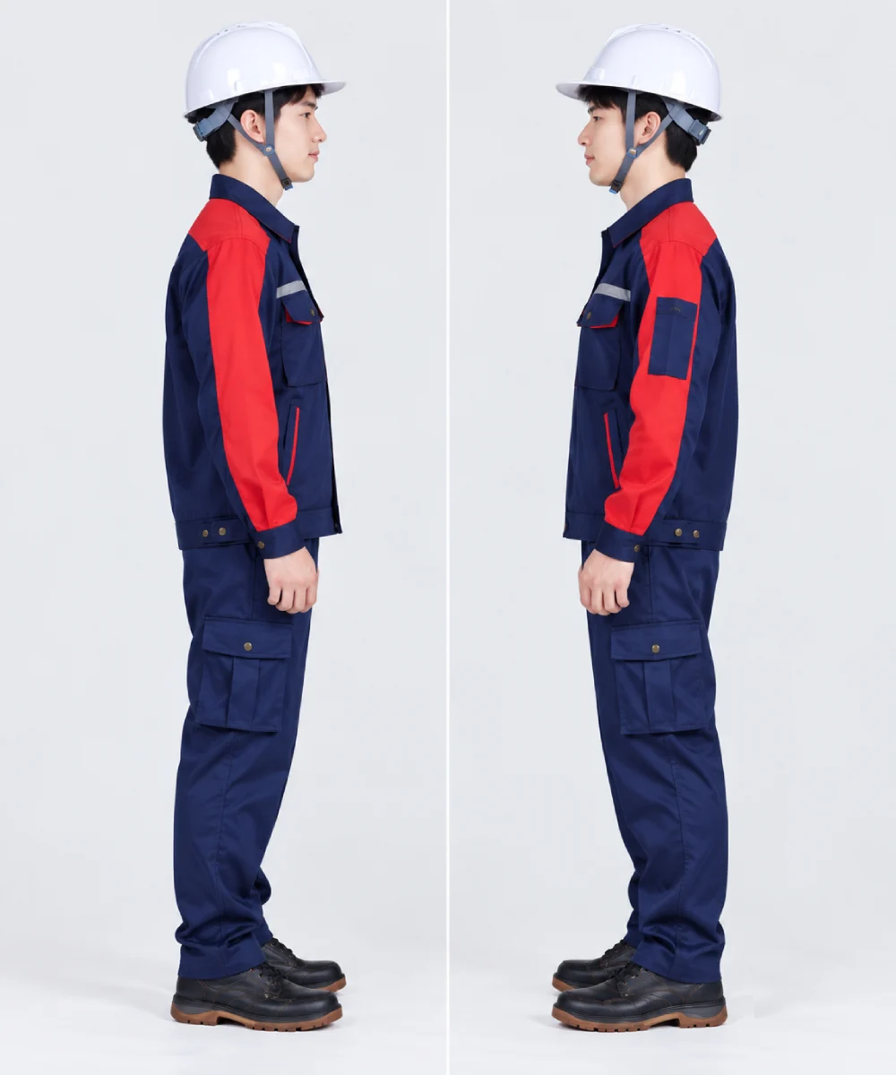 Quần áo bảo hộ lao động màu xanh navy phối đỏ