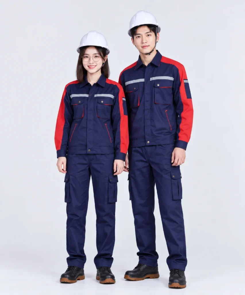 Quần áo bảo hộ lao động màu xanh navy phối đỏ