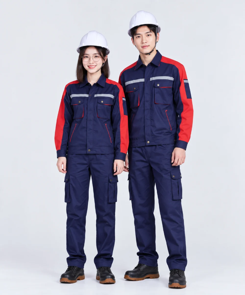 Quần áo bảo hộ lao động màu xanh navy phối đỏ