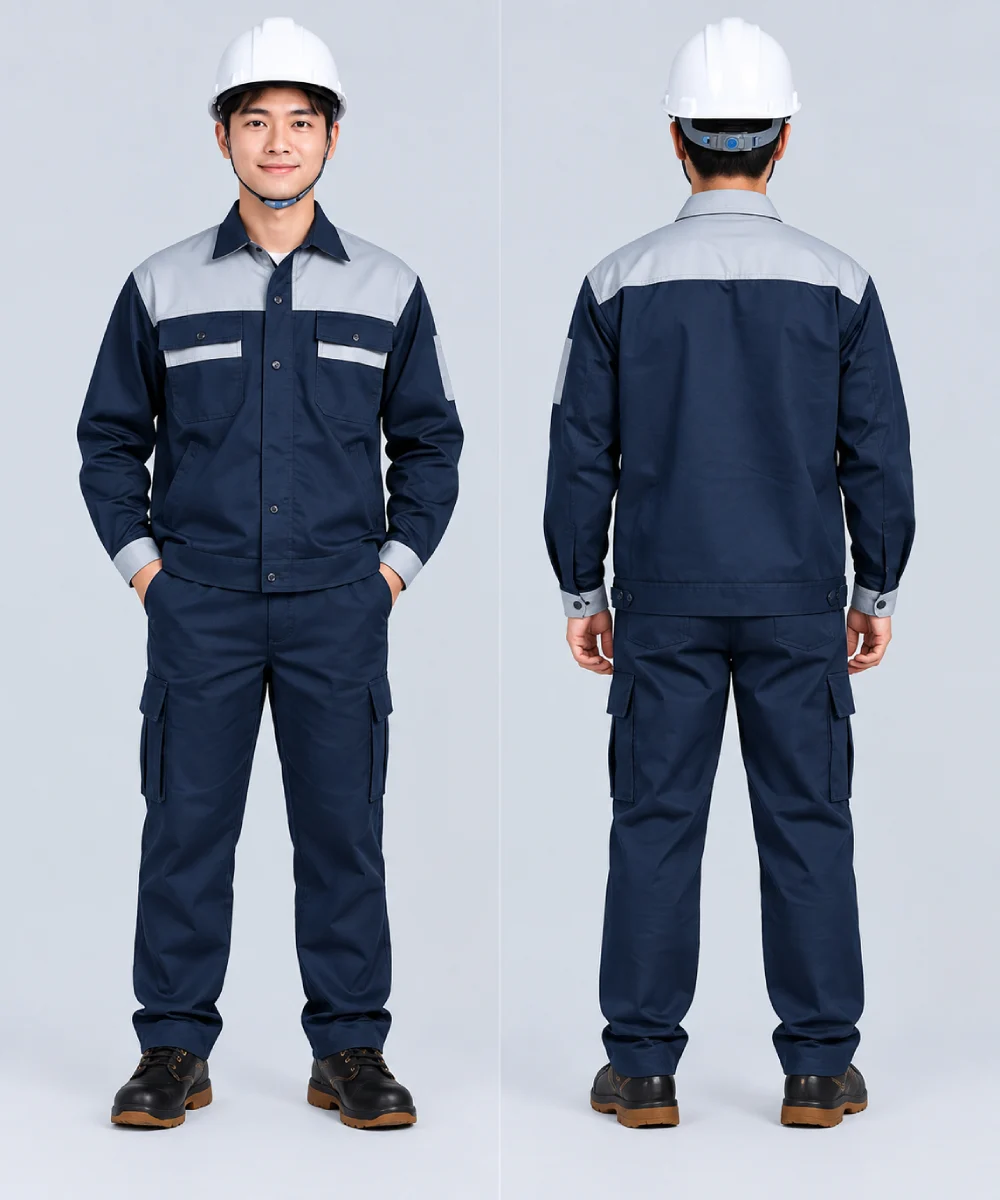 Quần áo bảo hộ lao động màu xanh navy phối vai ghi sáng