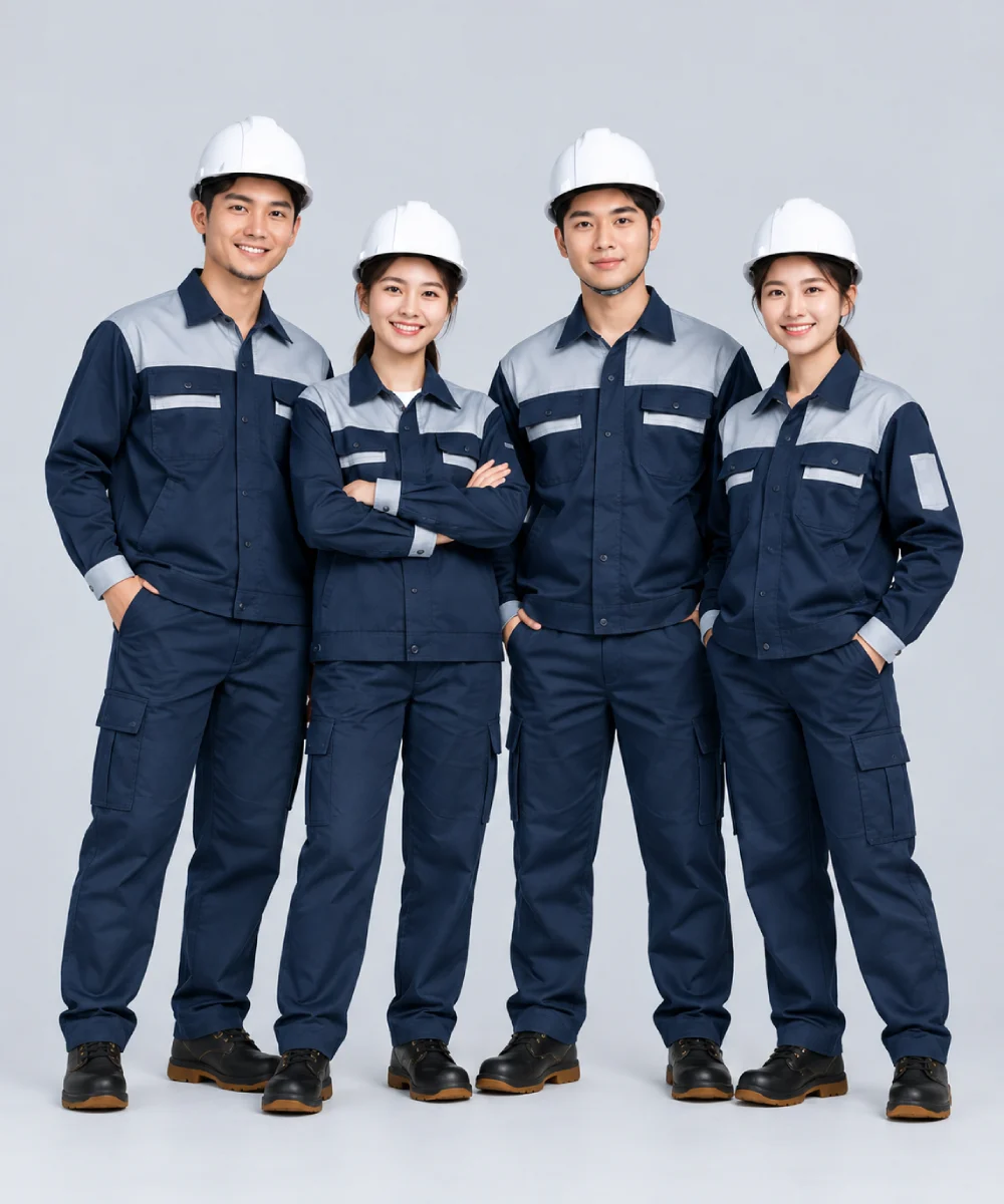 Quần áo bảo hộ lao động màu xanh navy phối vai ghi sáng