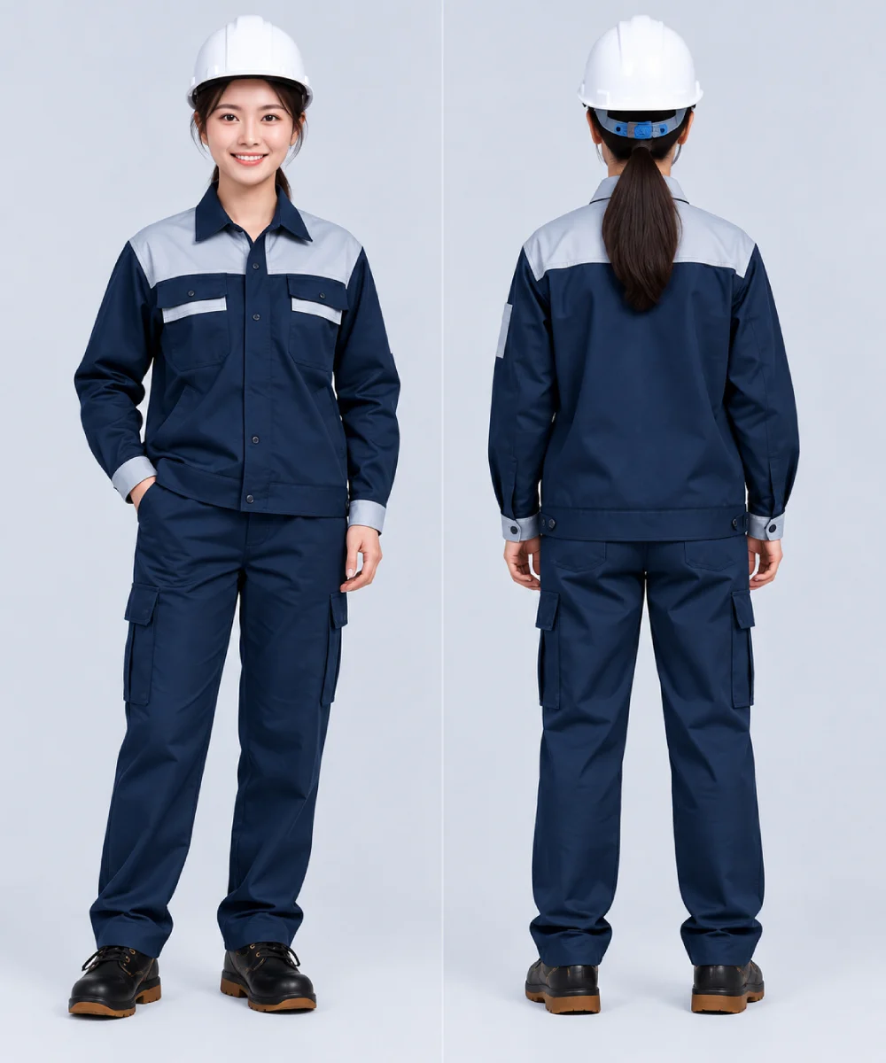 Quần áo bảo hộ lao động màu xanh navy phối vai ghi sáng