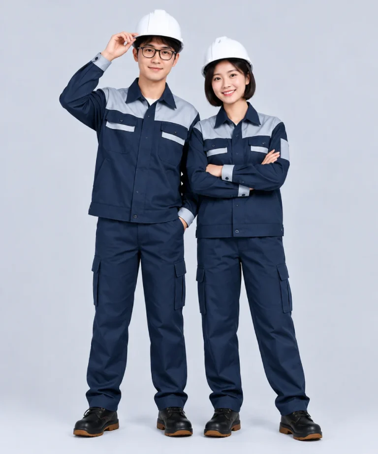 Quần áo bảo hộ lao động màu xanh navy phối vai ghi sáng