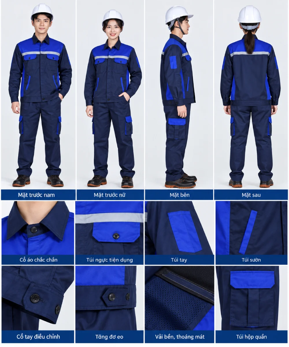 Quần áo bảo hộ lao động màu xanh navy phối xanh dương