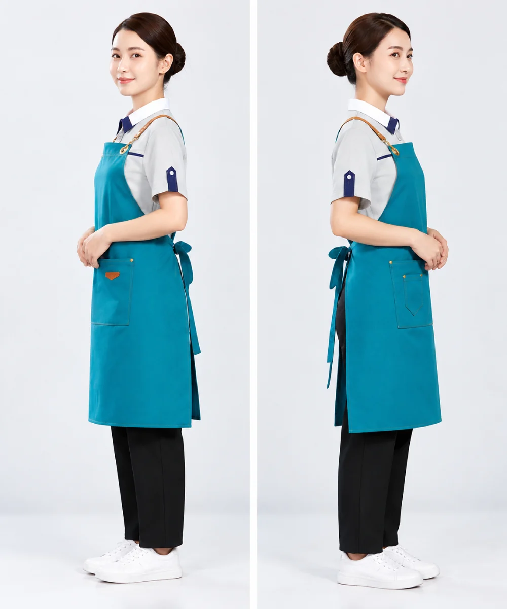 Tạp dề dáng dài quai đeo phối da luồn khoen kim loại
