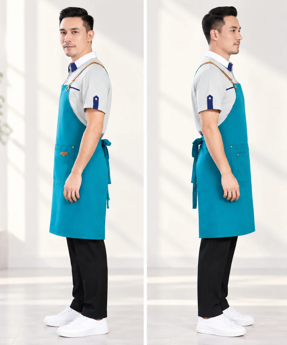 Tạp dề dáng dài quai đeo phối da luồn khoen kim loại