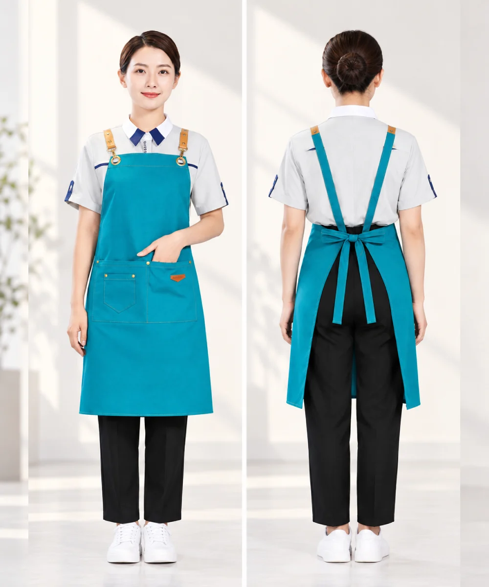 Tạp dề dáng dài quai đeo phối da luồn khoen kim loại