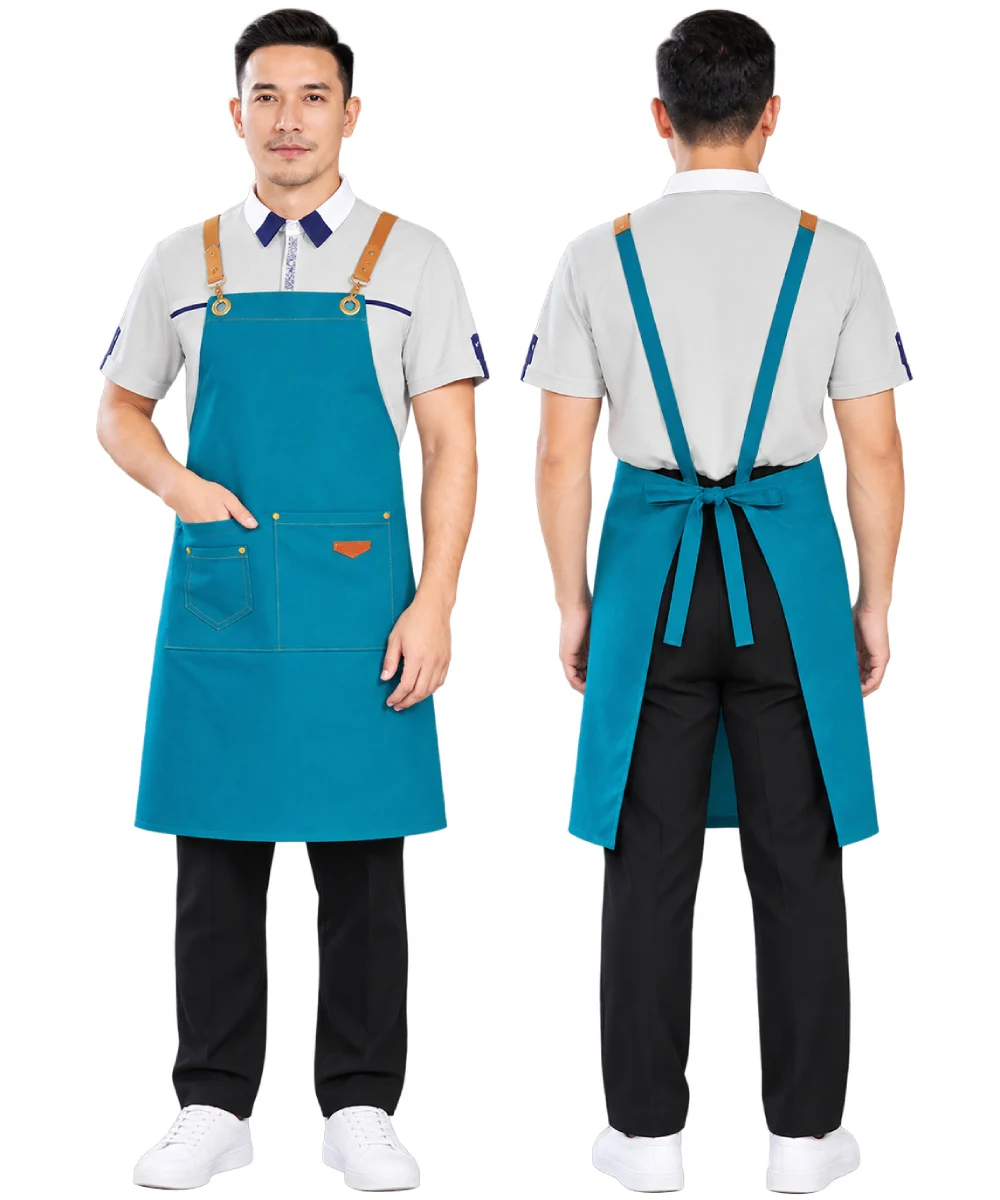Tạp dề dáng dài quai đeo phối da luồn khoen kim loại